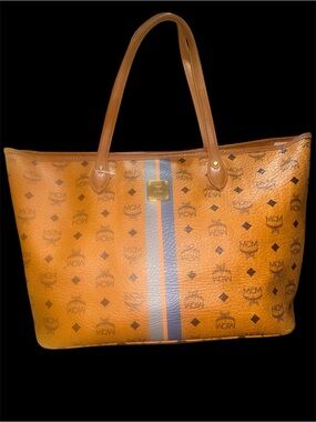 MCM Cognac Monogram Stripe Tote with Blue and Orange Center Stripe